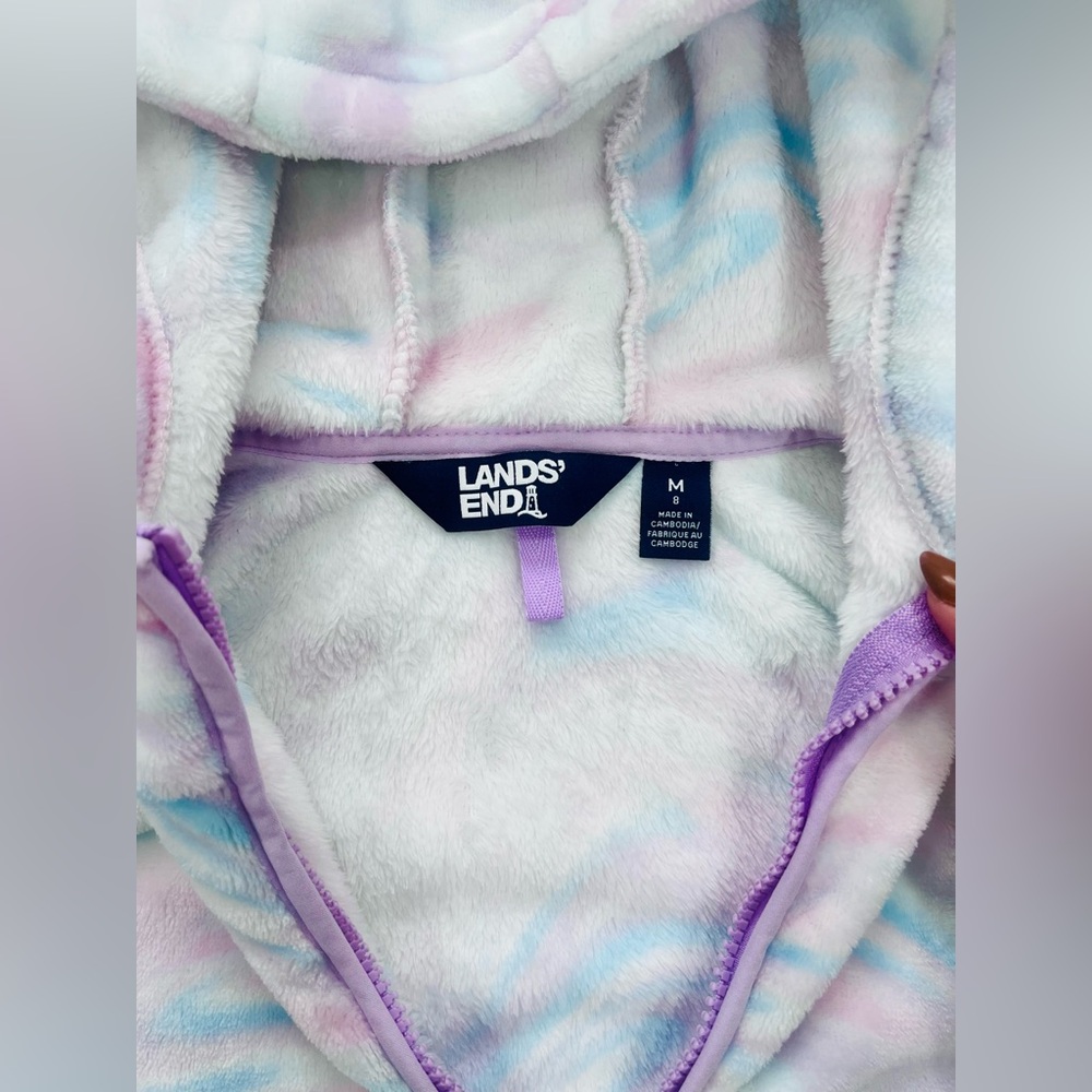 Lands' End • Girls Kids Softest Fleece White Pink Swirl Hooded Jacket M (8) NWOT - Picture 10 of 11